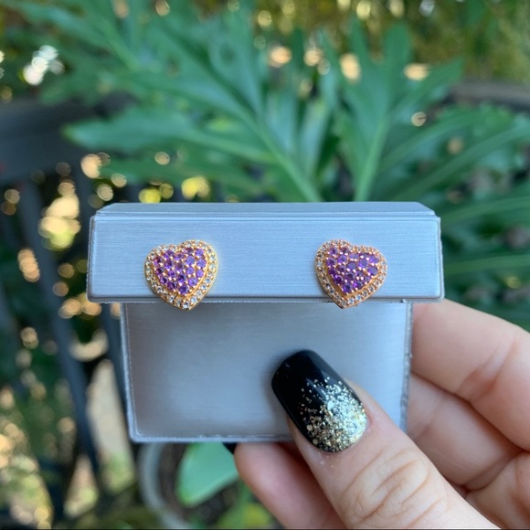 Zales Amethyst and White Topaz Heart Stud Earrings - Picture 7 of 15